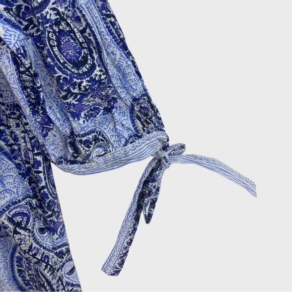 La Plage Blue White Paisley Ruffle Neckline Dress with Pockets Size Large - Picture 4 of 8